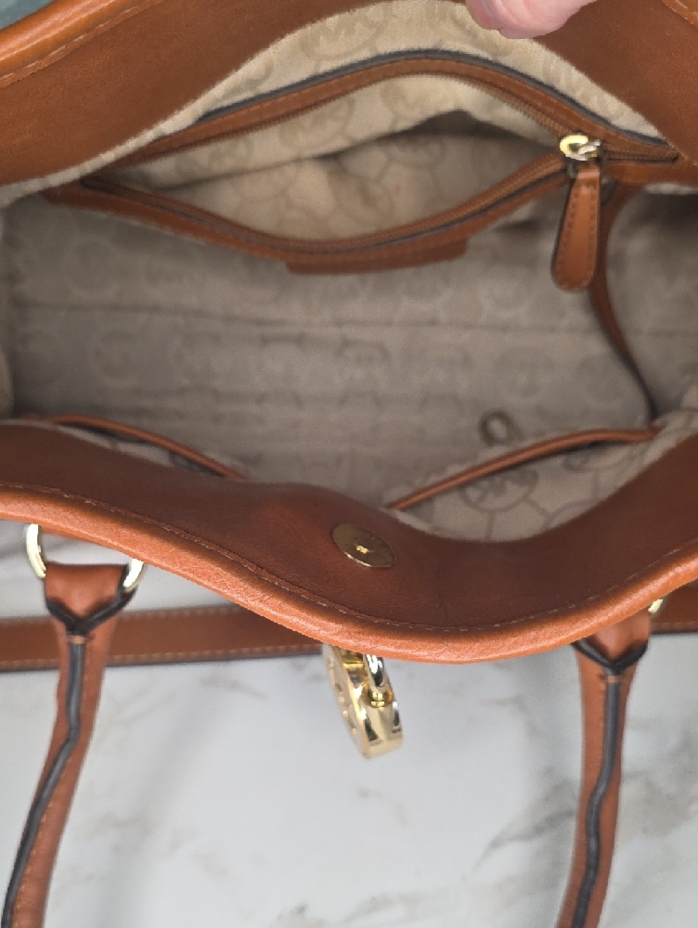 Michael Kors Hamilton MonoNavy and Tan Stripe Canvas Tote with Gold Hardware - Picture 11 of 14
